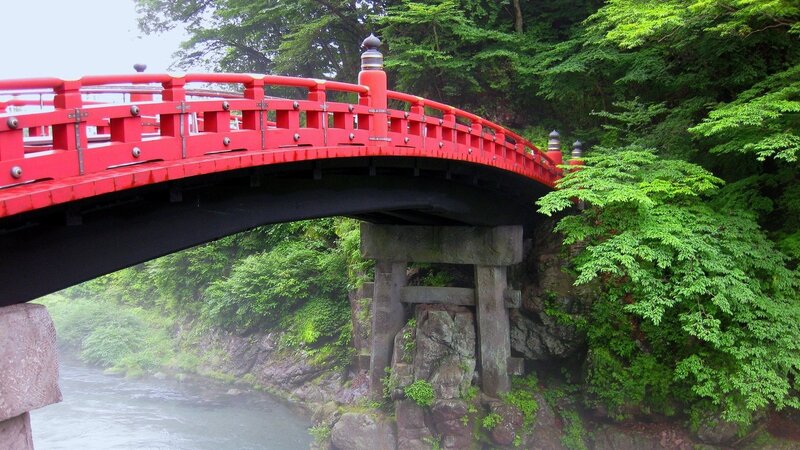 Red Arched Bridge — Serene, Summer, Photograph