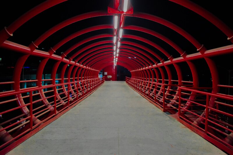 Red arched pedestrian bridge