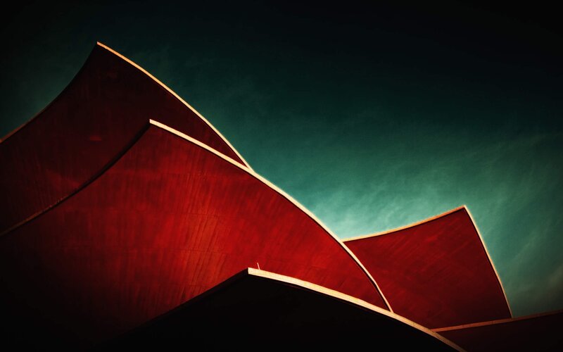 Red Architectural Structure — Dramatic, Night