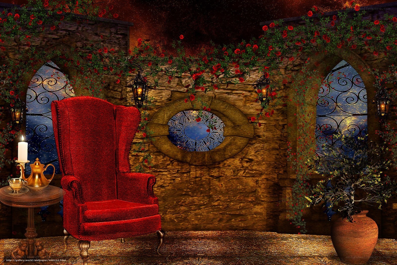 Red armchair in stone room