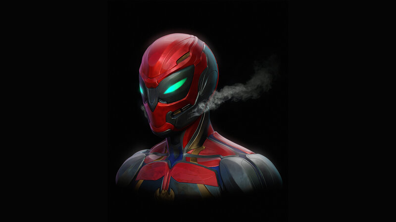 Red Armored Figure — Dramatic, Night
