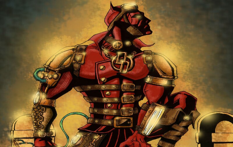 Red Armored Figure — Dramatic