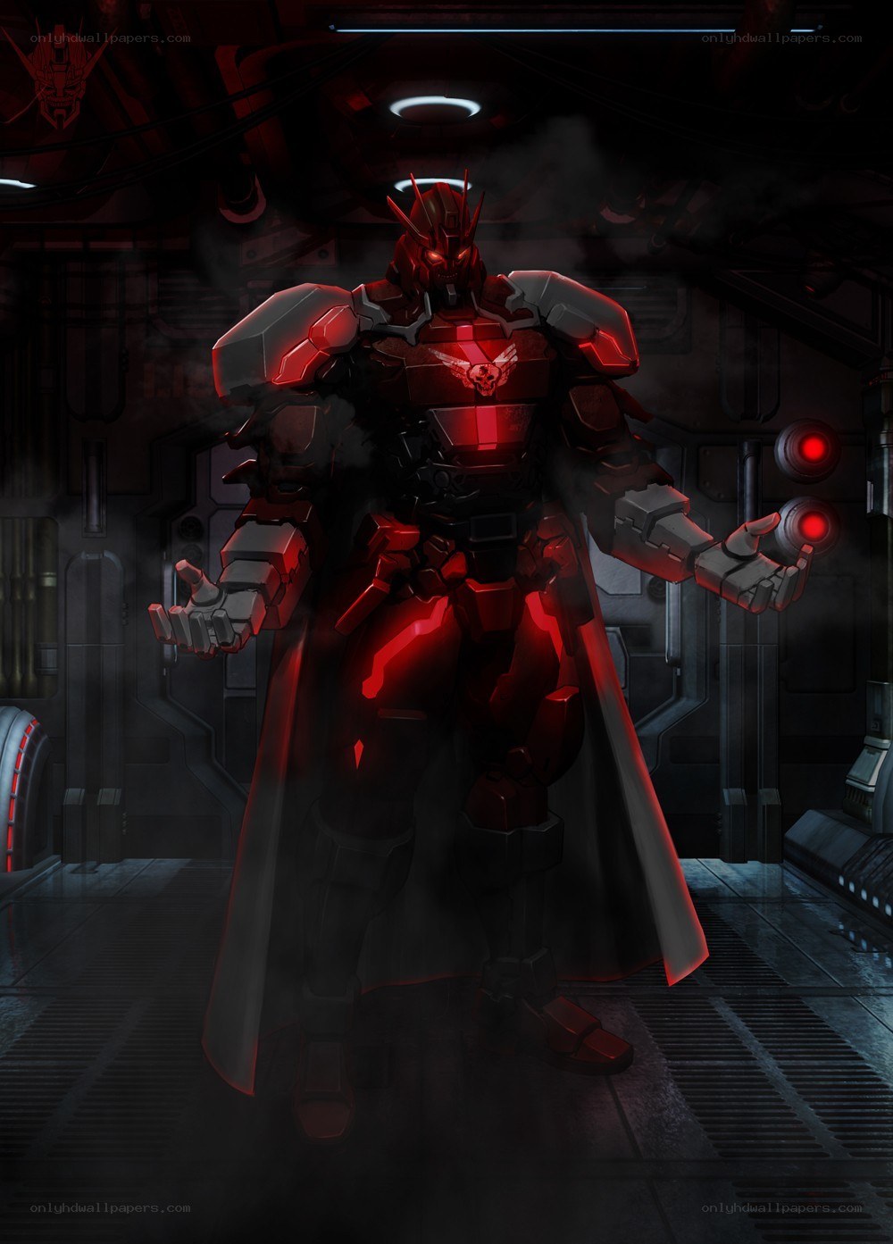 Red armored robot in dark corridor