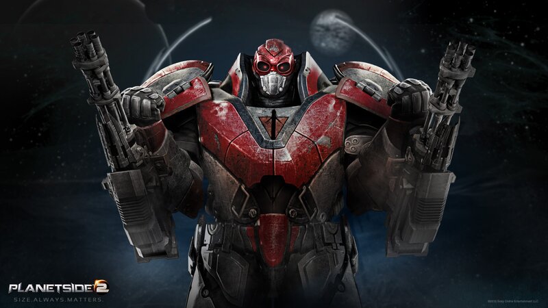 Red armored robot in space
