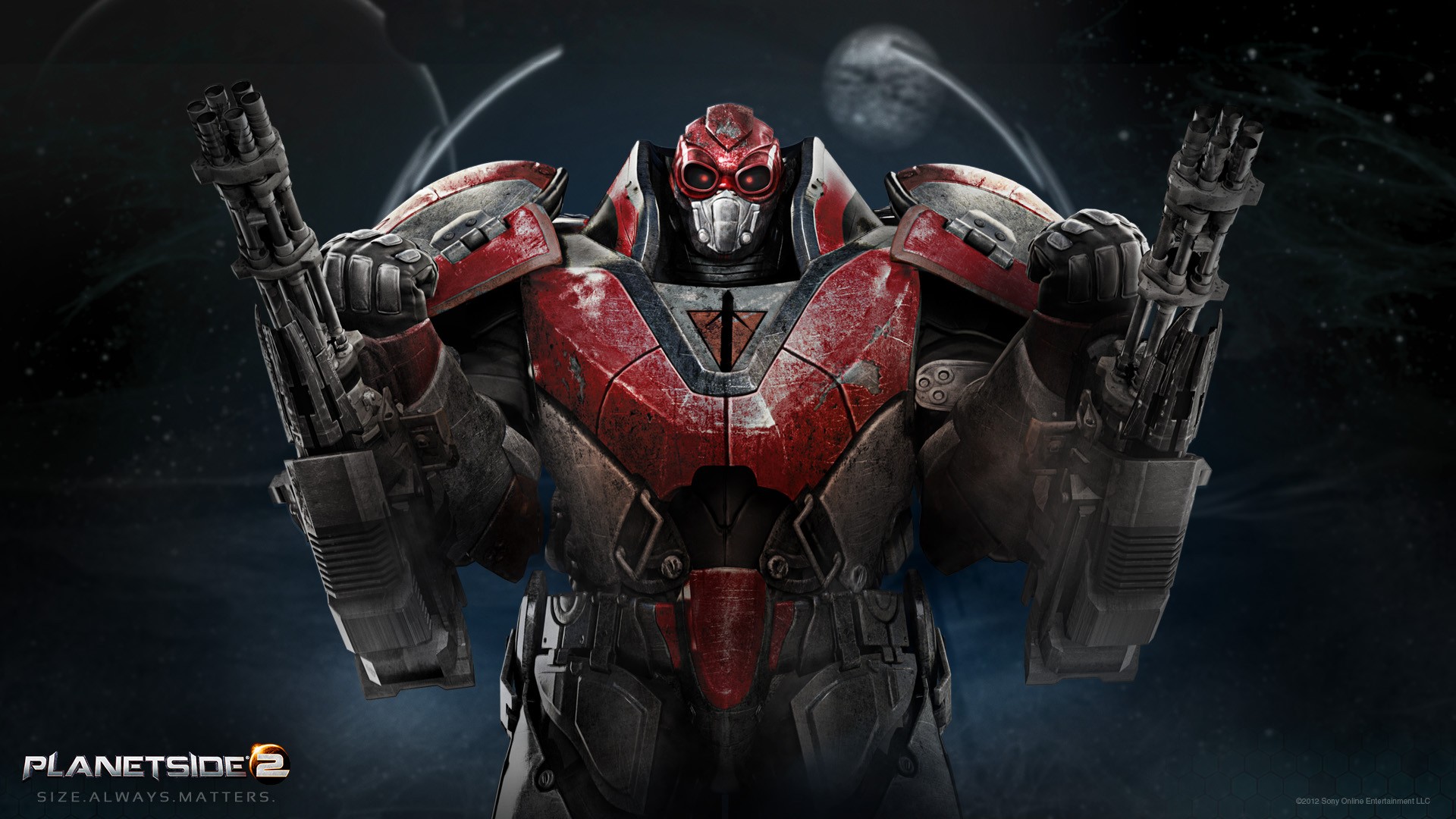 Red armored robot in space