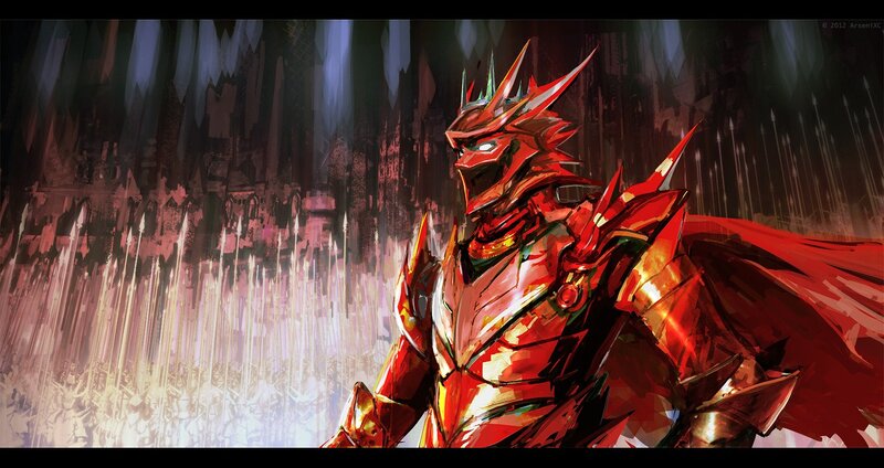 red armored warrior in dark cavern