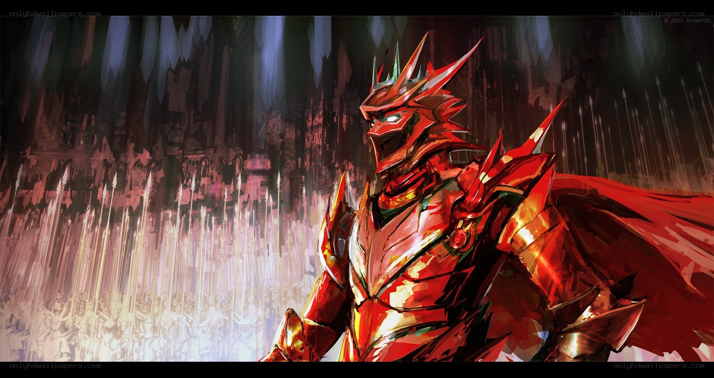 red armored warrior in dark cavern