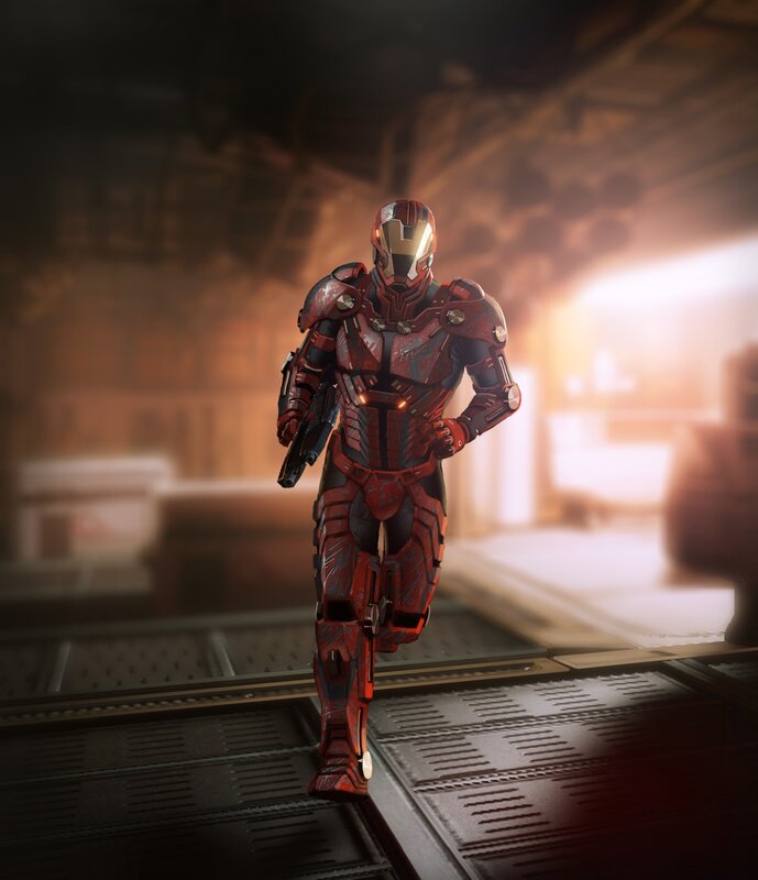 red armored warrior in motion