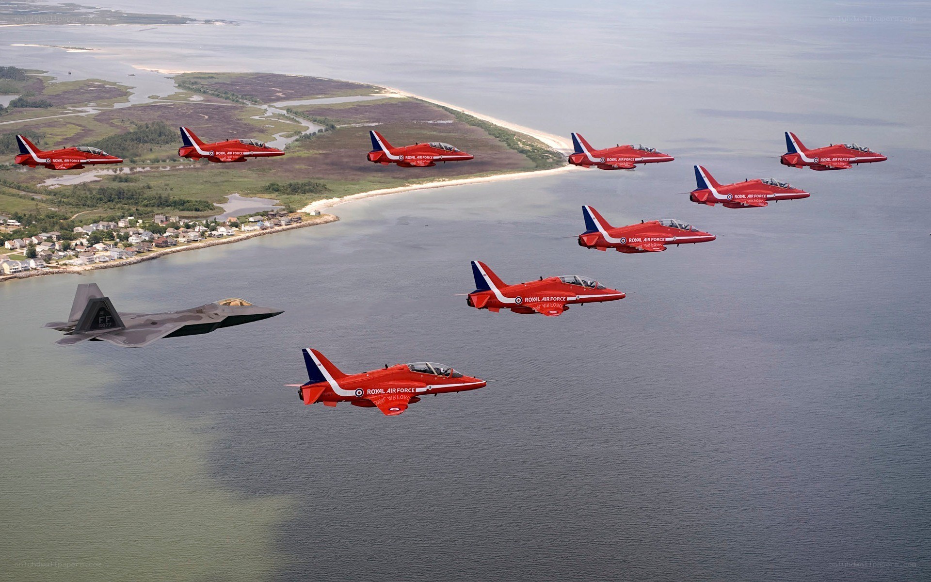 Red Arrows and F-22 Raptor flight