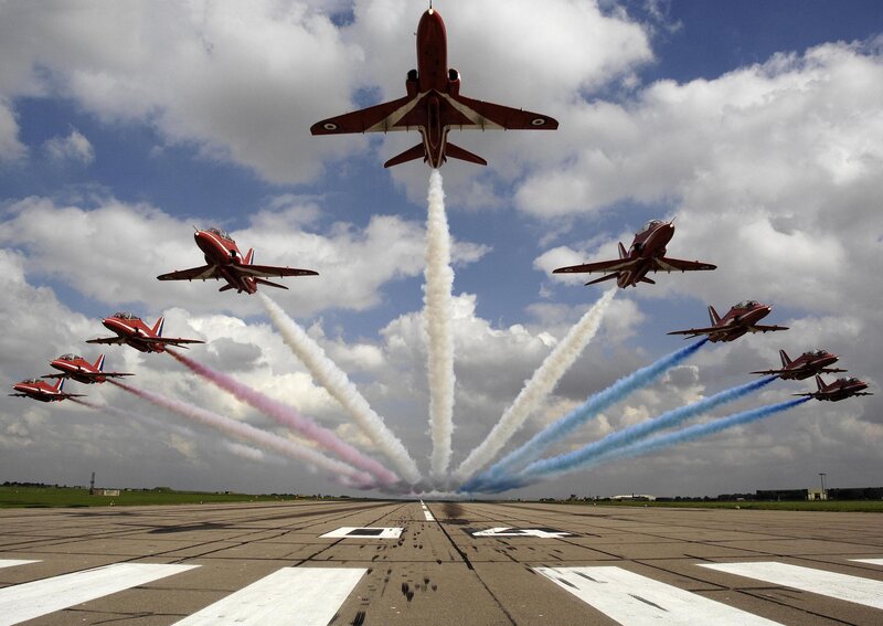 Red Arrows Jets in Formation — Dramatic, Afternoon