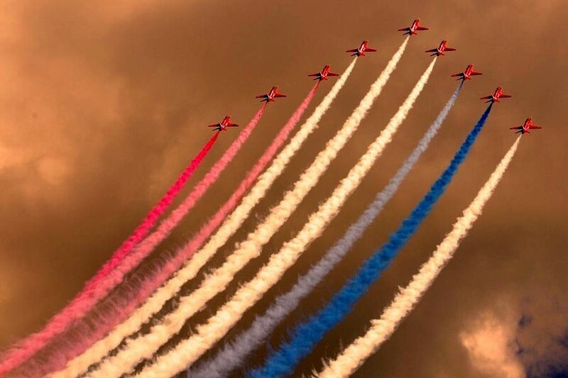 Red Arrows Jets in Formation — Dramatic, Sunset