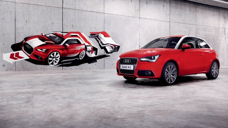 Red Audi A1 with mural