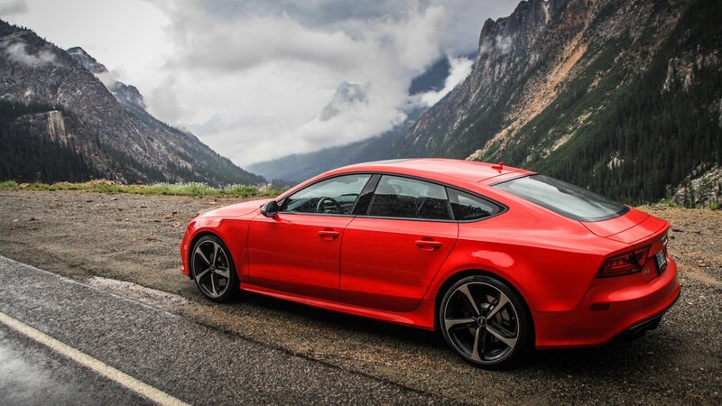 Red Audi Car — Dramatic, Photograph, Mountains