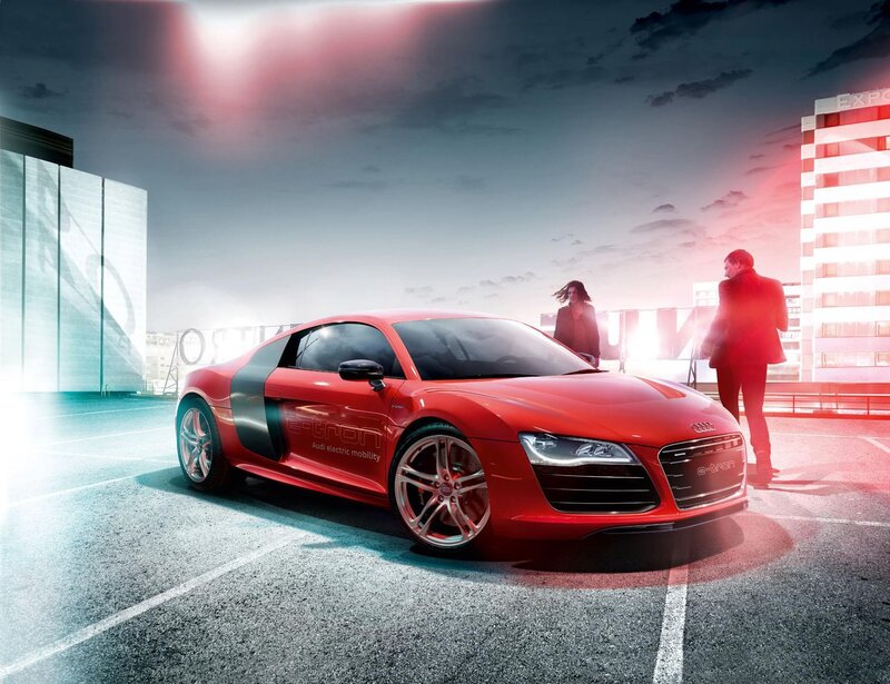 Red Audi e-tron on rooftop