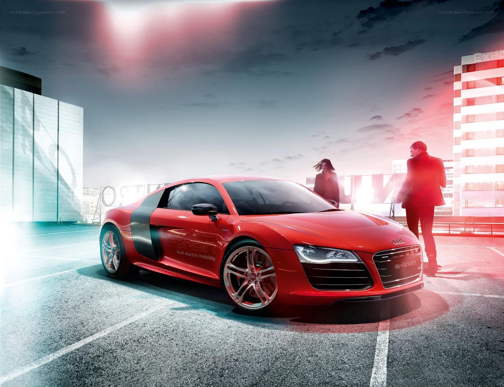 Red Audi e-tron on rooftop