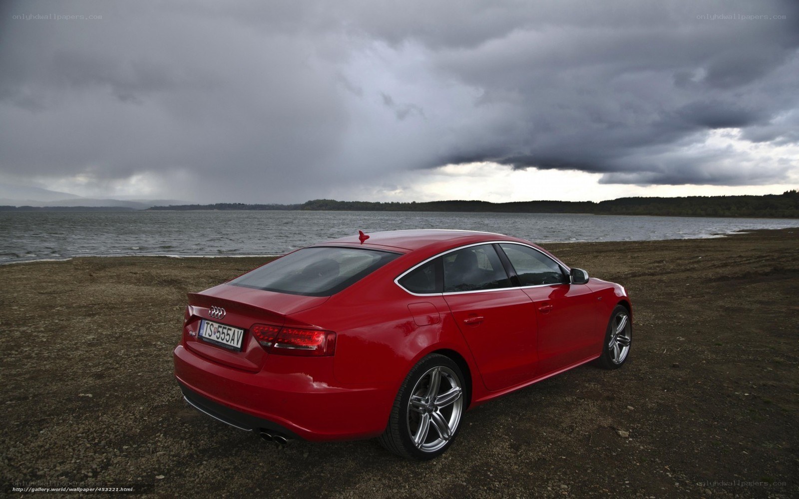 Red Audi on a lakeside