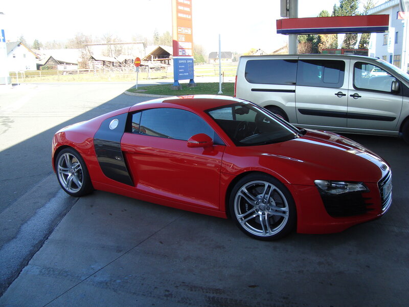 Red Audi R8 at gas station