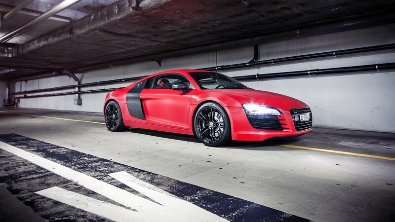Red Audi R8 in parking garage