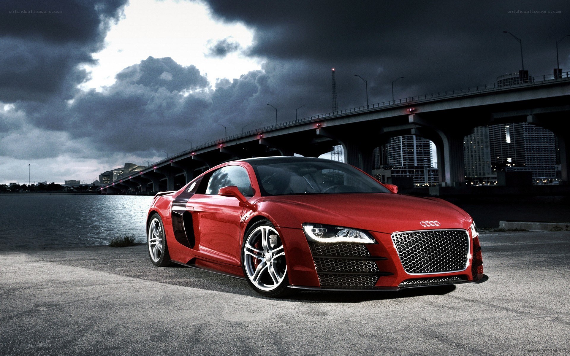 Red Audi R8 on a bridge