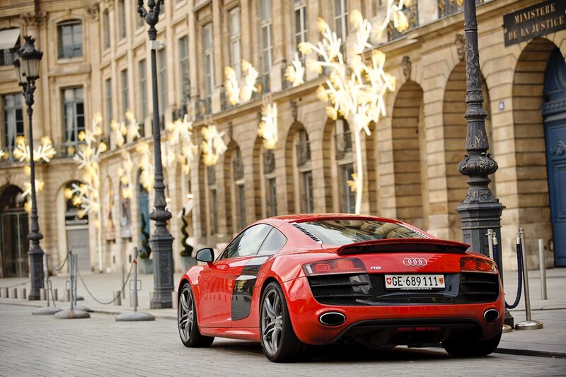 Red Audi R8 on a city street