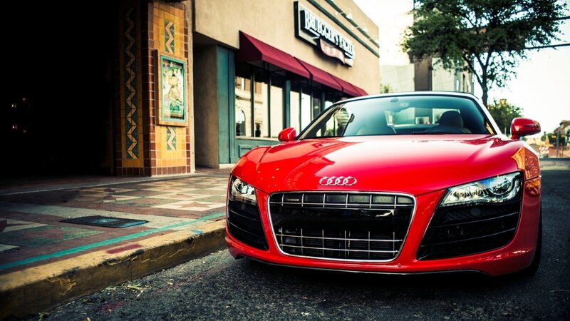 Red Audi R8 on city street
