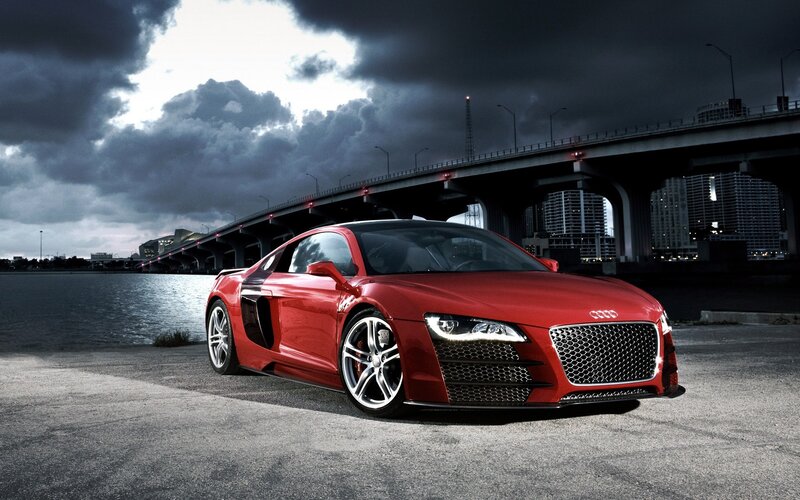 Red Audi R8 Sports Car — Dramatic, Night
