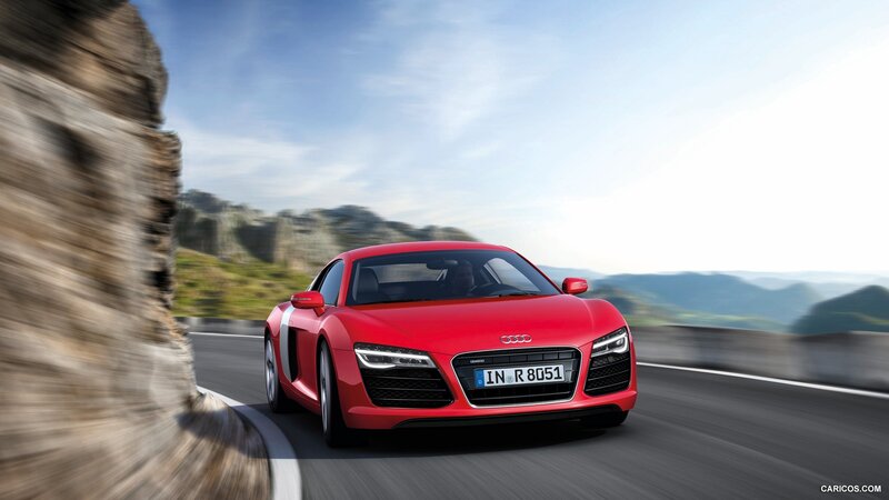 Red Audi R8 Sports Car — Dynamic, Afternoon, Photograph, Road, Mountains