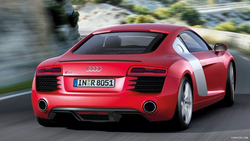 Red Audi R8 Sports Car — Dynamic, Afternoon, Photograph, Road, Trees, Black