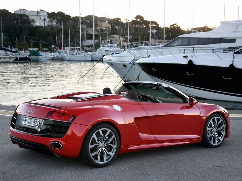 Red Audi R8 Spyder at marina