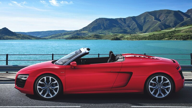 Red Audi R8 Spyder — Serene, Afternoon, Photograph, Car, Lake