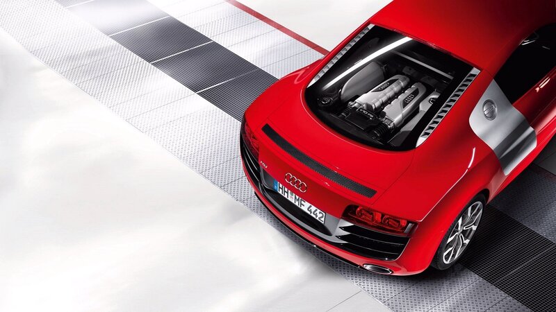 Red Audi R8 with engine view