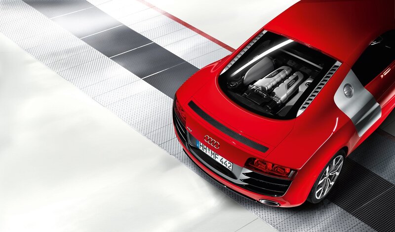 Red Audi R8 with engine view