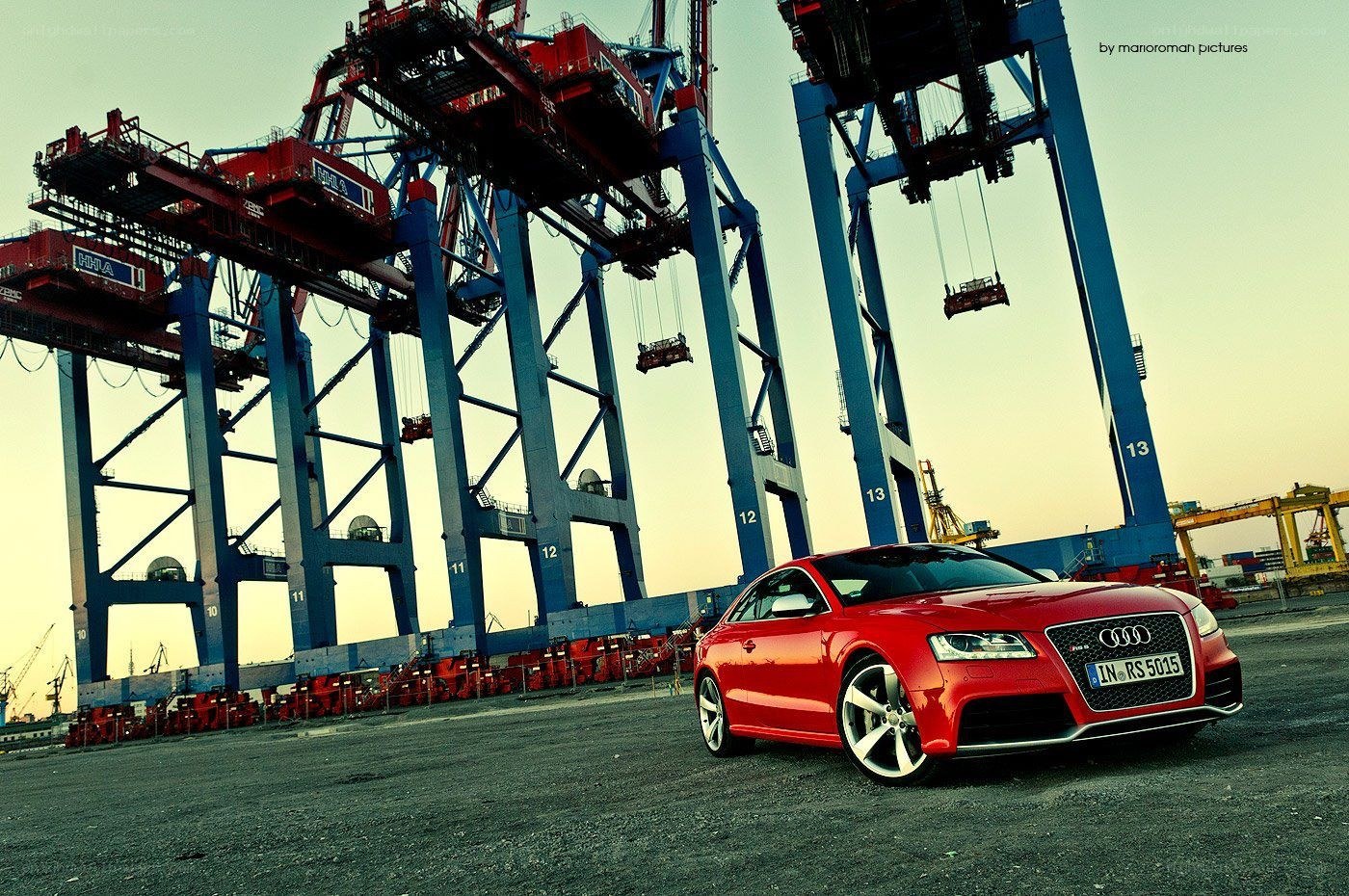 Red Audi RS5 at a port