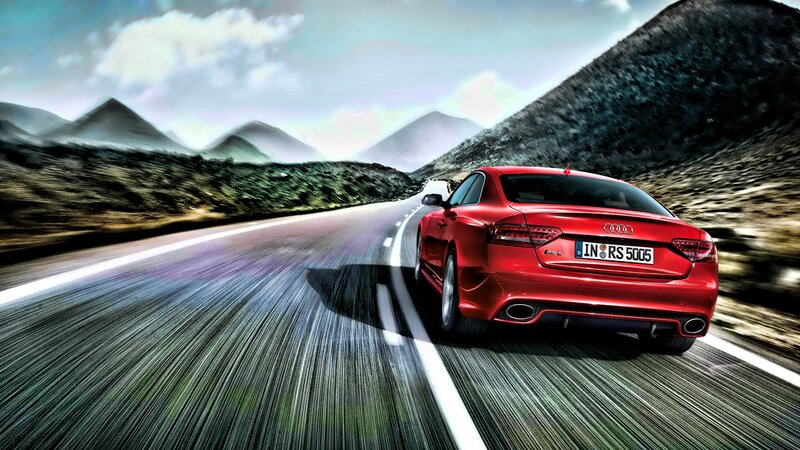 Red Audi Rs5 Car — Dynamic, Afternoon, Photograph, Road, Mountains, Gray, Green