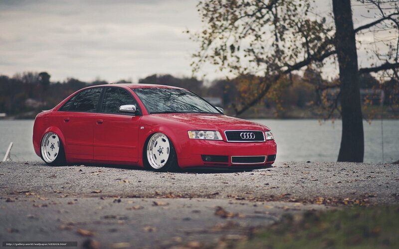 Red Audi sedan by the lake