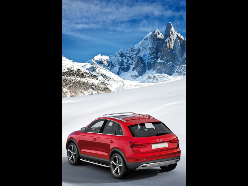 Red Audi SUV in snowy mountains