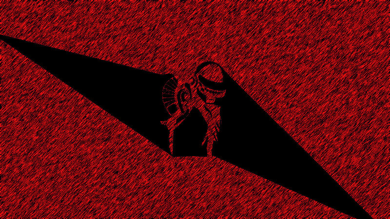 red background with black silhouette
