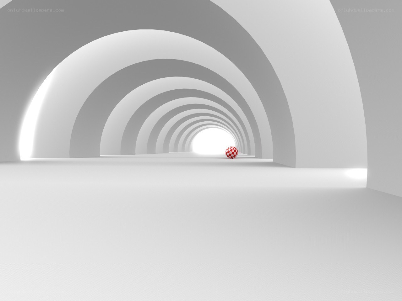 Red ball in white tunnel