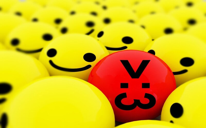 red ball with sad face among yellow smileys