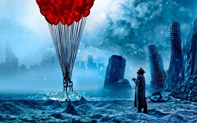 Red balloons in a frozen city