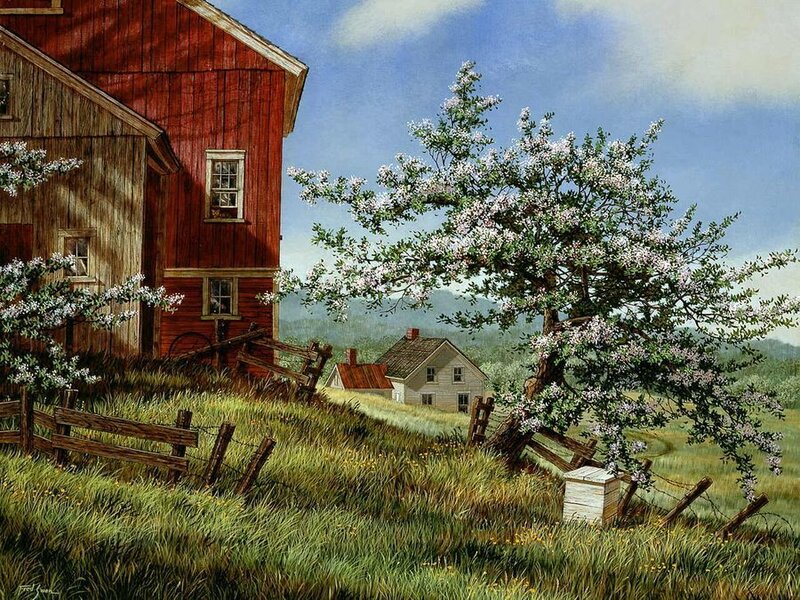 Red Barn and Apple Tree