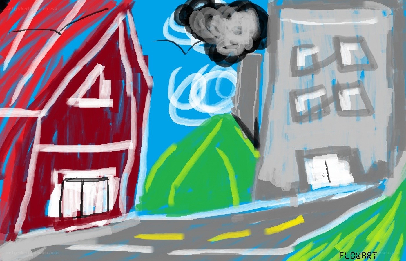red barn and city scene