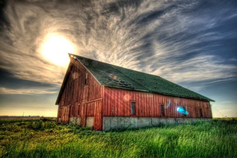 Red barn at sunset