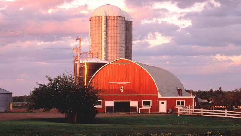 Red barn at sunset