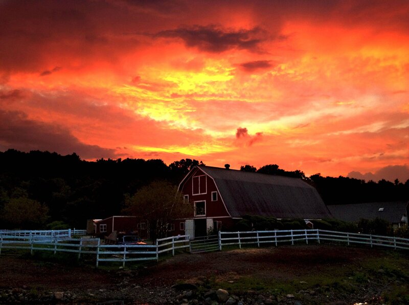 Red Barn at Sunset — Orange, Dramatic, Photograph