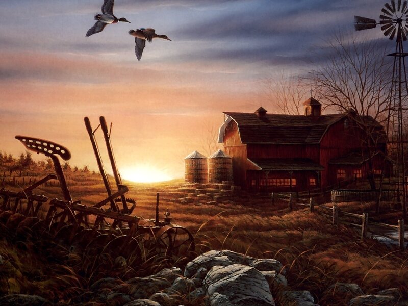 Red Barn at Sunset — Orange, Serene
