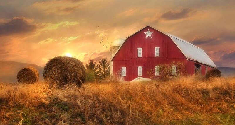 Red Barn at Sunset — Serene, Photograph, Hay Bales
