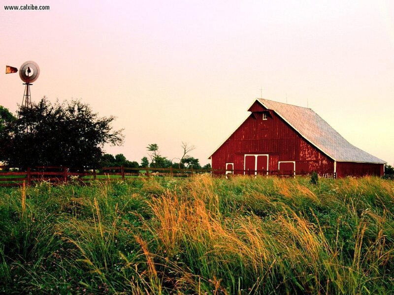 Red barn at sunset