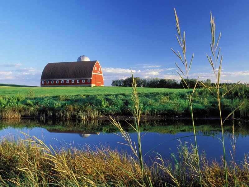 Red barn by a pond
