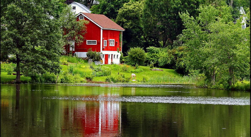 Red Barn by Lake — Green, Serene